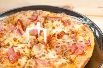 Pizza be appetizing on wooden background.