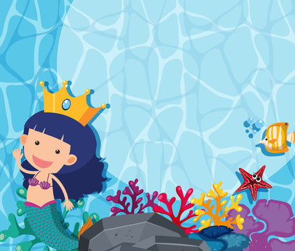 Underwater scene with mermaid and fish