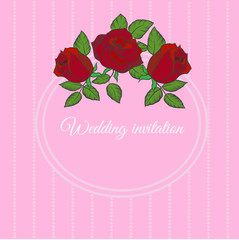 vector template for greeting card, wedding invitation with round frame and roses on pink background