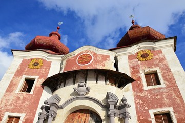 Upper baroque church on calvary in Banska stiavnica, Slovakia,  during winter season 2018