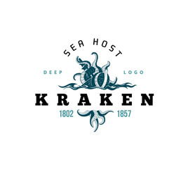 Giant evil kraken logo, silhouette octopus sea monster with tentacles - 195568035