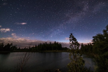 Obraz na płótnie Canvas Lake and trees under the stars in moonlight