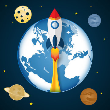 Rocket launch on the space or cosmos as business, start up project, paper art and craft style concept. vector illustrator.