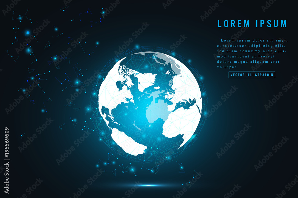 Poster global network connection. world polygon mesh and line as business, composition concept. vector illu