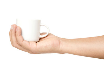man hand holding white coffee cup