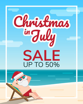 Christmas in July theme, Santa Claus wearing sunglasses sits sunbathing on a beach chair at the seaside with sea and sky as background, Sale marketing template, Vector illustration