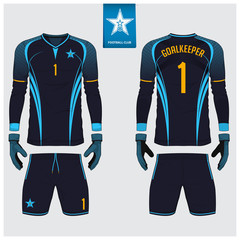 Naklejka premium Goalkeeper jersey or soccer kit, long sleeve jersey, goalkeeper glove template design. Sport t-shirt mock up. Front and back view football uniform. Flat football logo label. Vector Illustration.