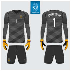 Fototapeta premium Goalkeeper jersey or soccer kit, long sleeve jersey, goalkeeper glove template design. Sport t-shirt mock up. Front and back view football uniform. Flat football logo label. Vector Illustration.