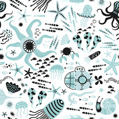 Baby seamless pattern - ocean life, underwater monsters. Submarine trip. Trendy kids vector background. Doodle style.