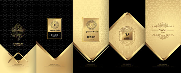 Collection of design elements,labels,icon,frames,for packaging,design of luxury products. Made with golden foil.For perfume,lotion,wine,Isolated on gold and geometric background.vector illustration