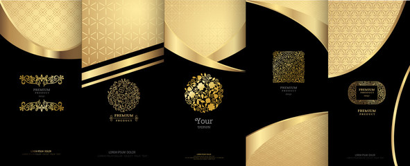 Collection of design elements,labels,icon,frames,for packaging,design of luxury products. Made with golden foil.For perfume,lotion,wine,Isolated on gold and geometric background.vector illustration