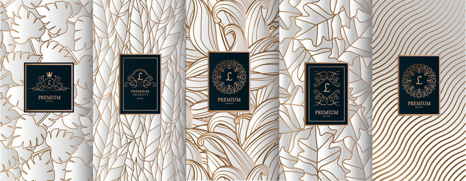 Collection of design elements,labels,icon,frames, for packaging,design of luxury products.for perfume,soap,wine, lotion.Made with golden foil.Isolated on geometric background.vector illustration