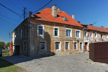 View of the old german shabby buildings in Pravdinsk (prior Friedland), Russia. Pravdinsk was founded in 1312 by the Teutonic Knights. The city is located 53 km. of Kaliningrad (Konigsberg).