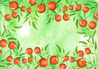 A watercolor postcard, a linear border, a background with a place for your inscription and design. Drawing - a berry a cherry, green branches, plants. Beautiful card with vintage pattern.