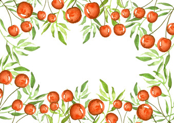A watercolor postcard, a linear border, a background with a place for your inscription and design. Drawing - a berry a cherry, green branches, plants. Beautiful card with vintage pattern.
