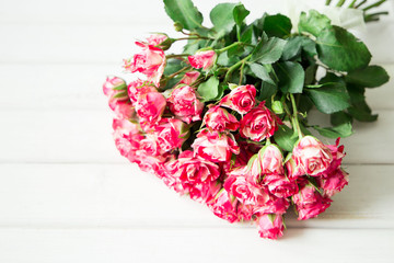 Beautiful pink roses on a white wooden surface