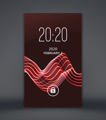Modern lock screen for smartphone. Mobile application interface design. Wavy background with motion effect. Abstract vector illustration.