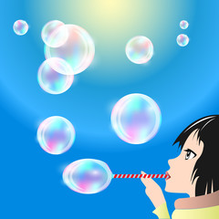 girl blows bubbles from the straw