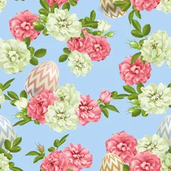 Meubelstickers vector 3d Easter Egg and roses seamless background © irska