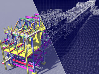 3D rendering and blueprint. The construction of flyovers of metal structures and drawing on a blue background.