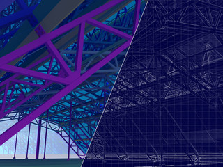 3D rendering and blueprint. The project hangar, warehouse, garage with glazing. Drawing on a blue background.