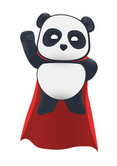 Little panda super hero flies in the air with a red cloak.