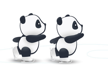 vector illustration, small funny panda ice skating.