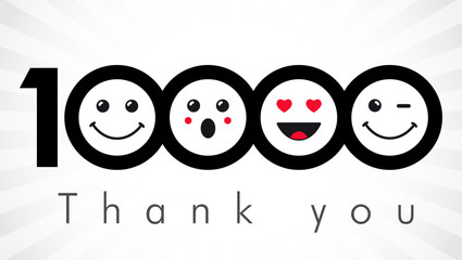 Thank you 10000 followers numbers. Congratulating black and white thanks, image for net friends in two 2 colors, customers 10 000 likes, % percent off discount. Round isolated smiling people faces.