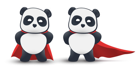 Little panda super hero flies in the air with a red cloak.
