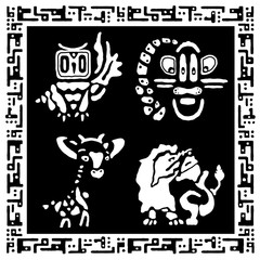 Set of cute animals (Owl, Giraffe, Lion and Tiger ) in ethnic style. Hand draws tribal collection. Vector illustration