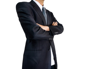 A businessman with his arm crossed on white background