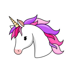 Unicorn vector icon isolated on white. Head portrait horse sticker, patch badge. Cute magic cartoon fantasy cute animal.