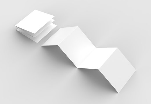 8 page leaflet, 4 panel accordion fold square brochure mock up isolated on light gray background. 3D illustrating.