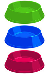 Colorful cartoon empty pet food bowl set.