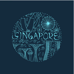 Symbols of Singapore round design concept on a dark background.