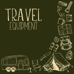 Set of travel equipment. Accessories for camping and camps. Sketch illustration of camping and tourism equipment. Vector