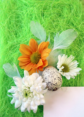 Easter still-life with flowers, eggs, feathers on a green sisal fiber with a sign
