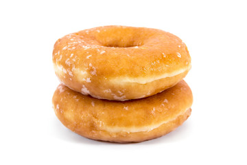 It is two brown donut with sugar isolated on white background