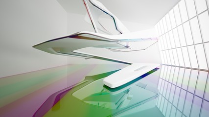 Abstract white and colored gradient glasses interior multilevel public space with window. 3D illustration and rendering.