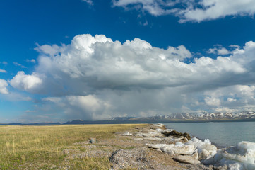 Beautiful view of the mountain lake Son Kul with delightful clouds and blue sky