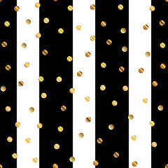 Golden dots seamless pattern on black and white striped background. Beauteous gradient golden dots endless random scattered confetti on black and white striped background. Confetti fall chaotic decor.