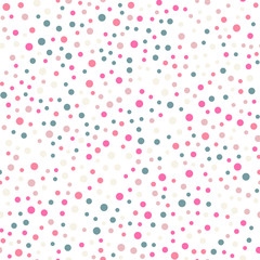 Colorful polka dots seamless pattern on white 8 background. Amazing classic colorful polka dots textile pattern. Seamless scattered confetti fall chaotic decor. Abstract vector illustration.