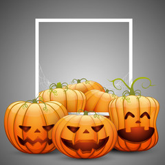 a group of merry Halloween pumpkins with a white frame.
