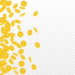 Bitcoin, internet currency coins falling. Scattered small BTC coins on transparent background. Stunning scatter left gradient vector illustration. Jackpot or success concept.