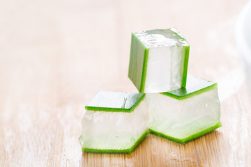 Closeup of fresh aloe vera gel cut in cube.