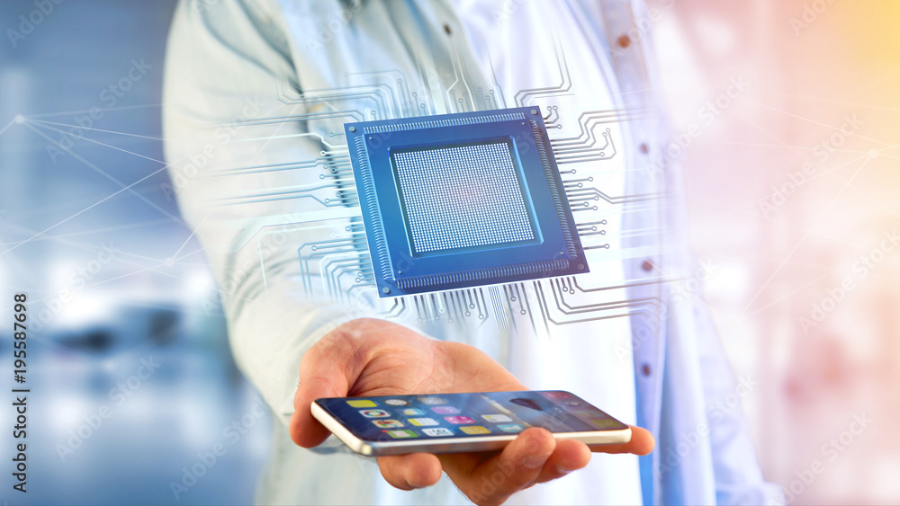 Poster businessman using a smartphone with a processor chip and network connection - 3d render
