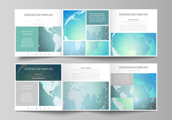 The abstract minimalistic vector illustration of the editable layout. Two creative covers design templates for square brochure. Chemistry pattern, molecule structure, geometric design background.