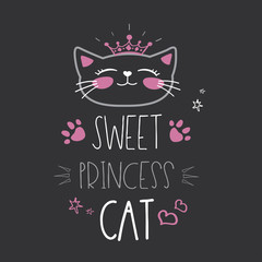 Cute cat head with crown and lettering -sweet princess cat
