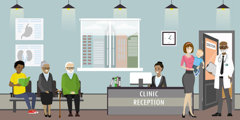 Clinic reception, doctor and old woman patients,african american receptionist