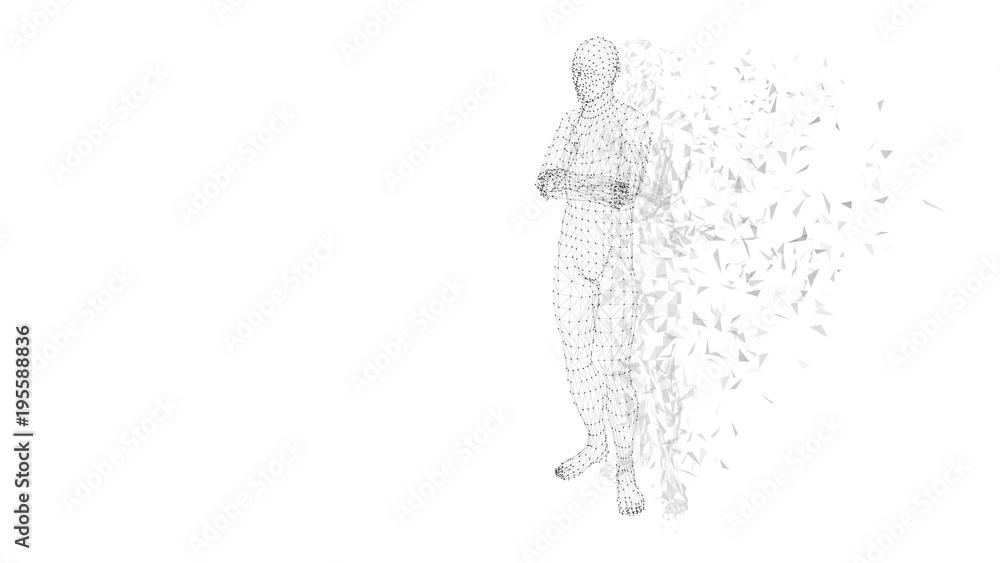 Poster conceptual abstract man with crossed arms. connected lines, dots, triangles. science or technology c